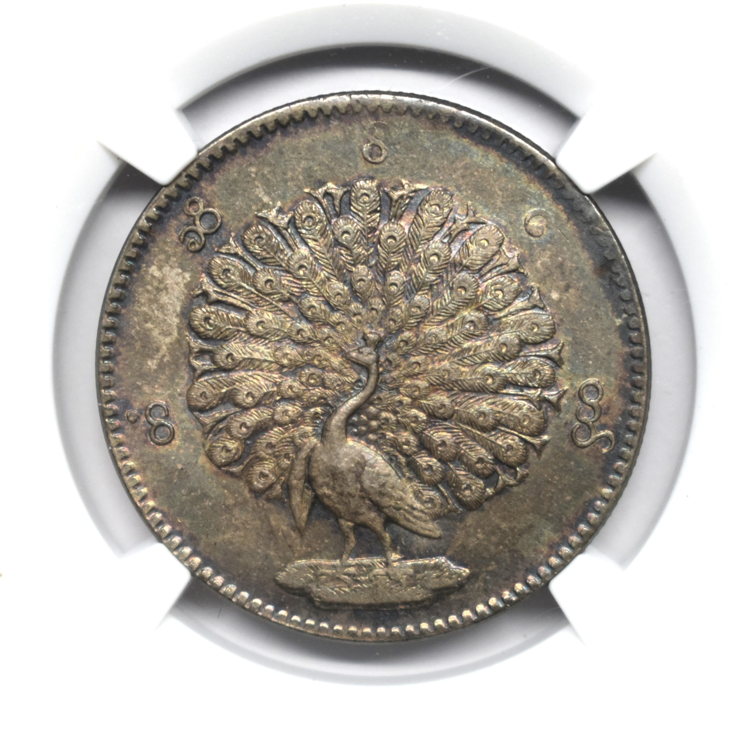NGC鑑定AU】ビルマ ミャンマー 孔雀 クジャク 1チャット銀貨 1852年 